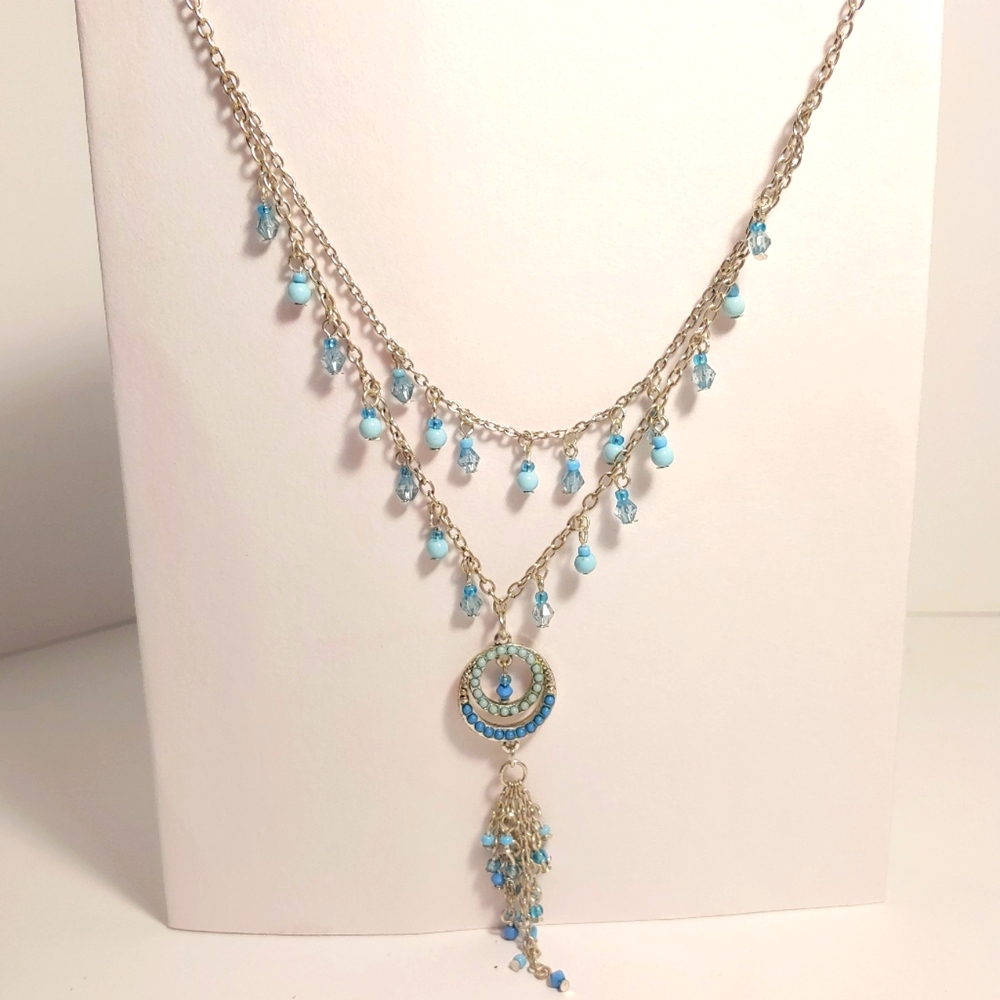 Beaded Necklace. 2-tier, Blue beads on silver-tone metal chains.